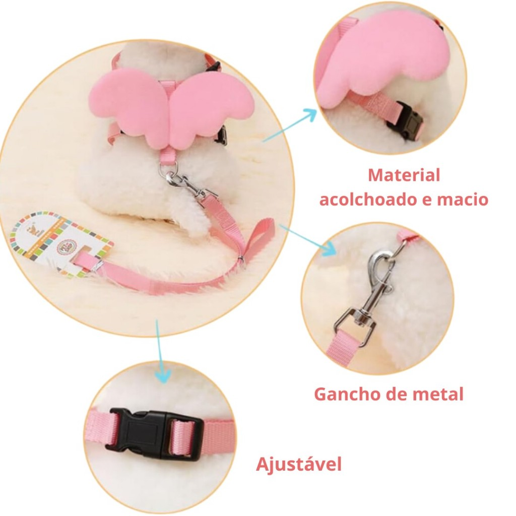 Coleira Peitoral Com Guia e Asas de Anjo Ajustável Para Gatos LR-0304