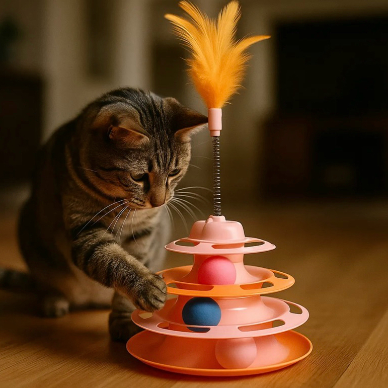 Brinquedo Interativo Multifuncional para Gato, Torre com 3 Bolinhas e Penas, 4 Níveis de Diversão