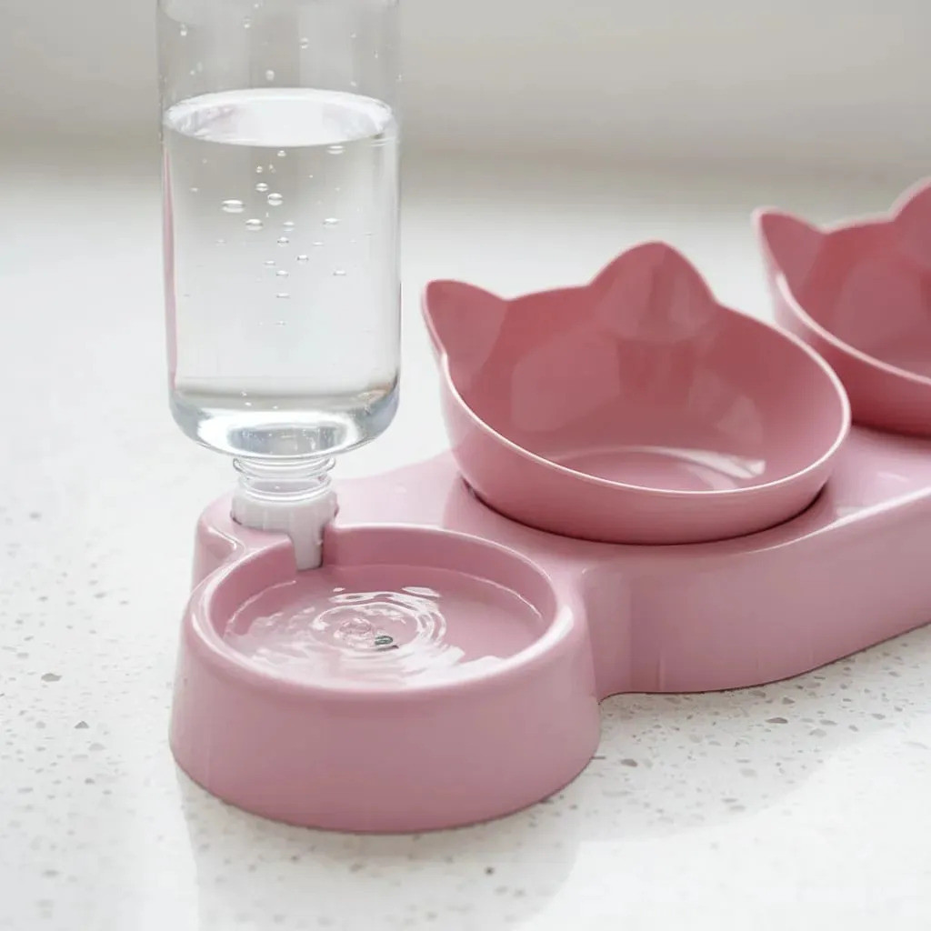 Comedouro E Bebedouro Elevado Pet 3 Em 1 Rosa/Azul/Cinza Com Tigelas Removíveis E Abastecimento Automático
