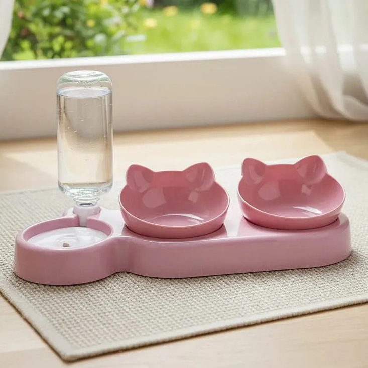 Comedouro E Bebedouro Elevado Pet 3 Em 1 Rosa/Azul/Cinza Com Tigelas Removíveis E Abastecimento Automático